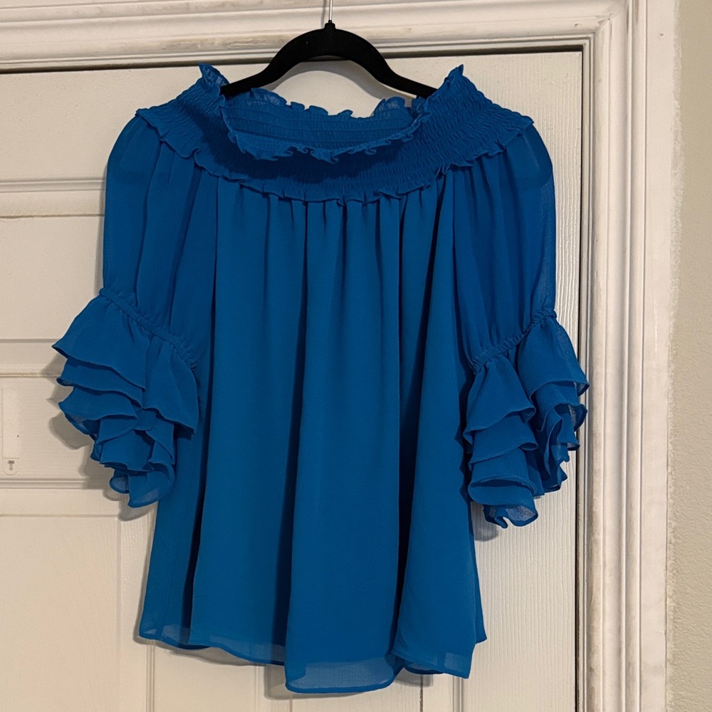 CeCe Vibrant Blue Ruffle Sleeve Blouse